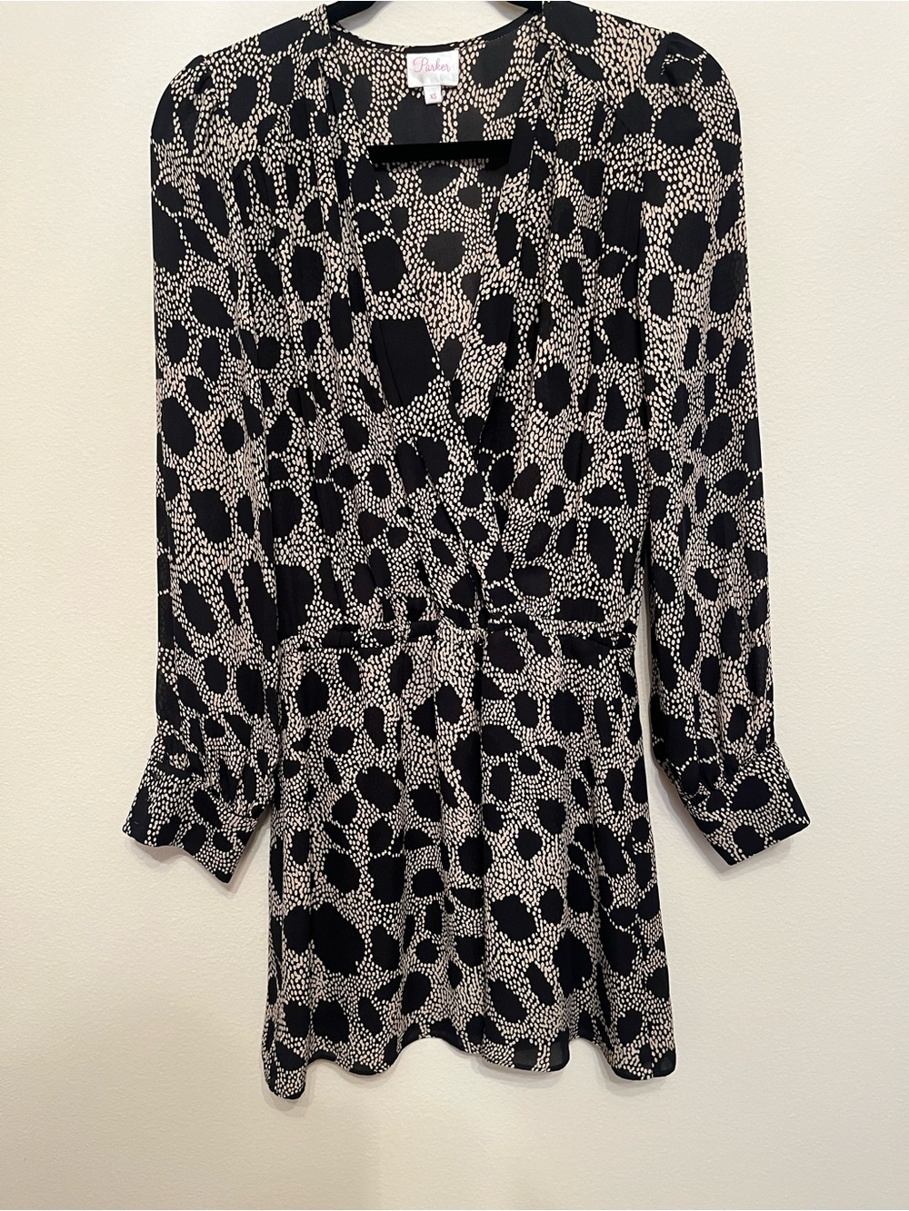 Parker Black and Cream Abstract Print Long-Sleeve Dress